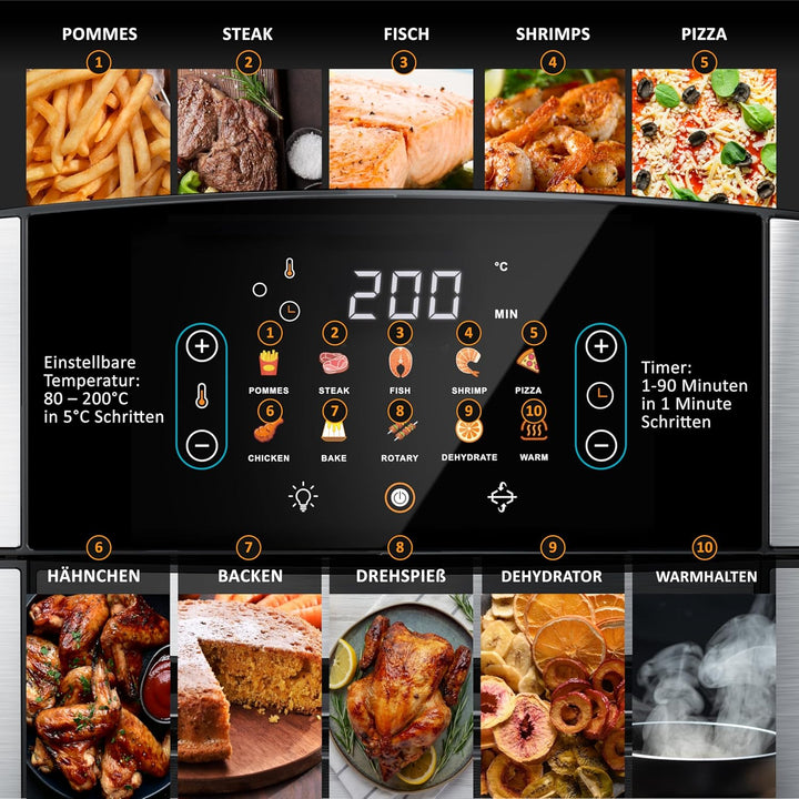 Arendo - Heissluftfritteuse XXL Smart Wlan - extra Gross 16 Liter - Backofen Umluft - Grill - Dörrau