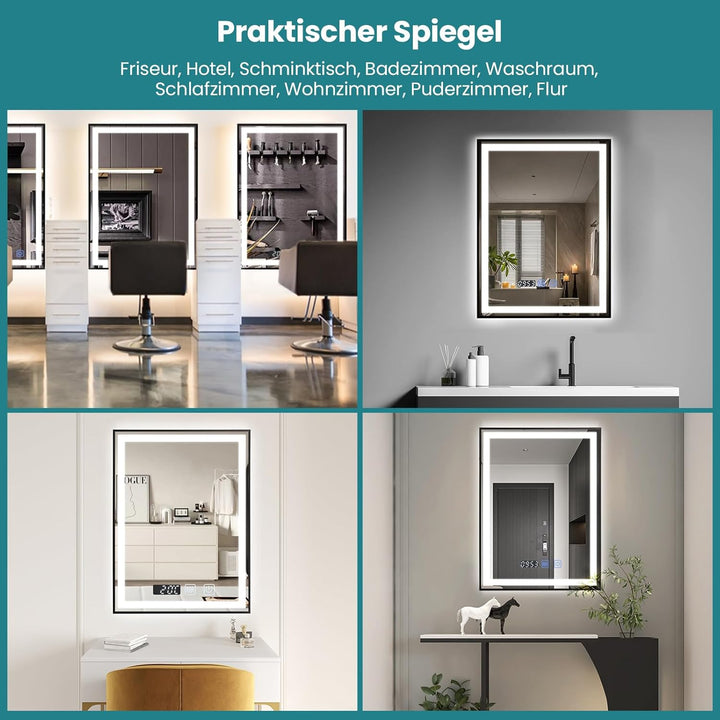 YOURLITE Badspiegel mit Beleuchtung 60x80cm, Badezimmerspiegel mit Beleuchtung LED mit Uhr, 3 Lichtf
