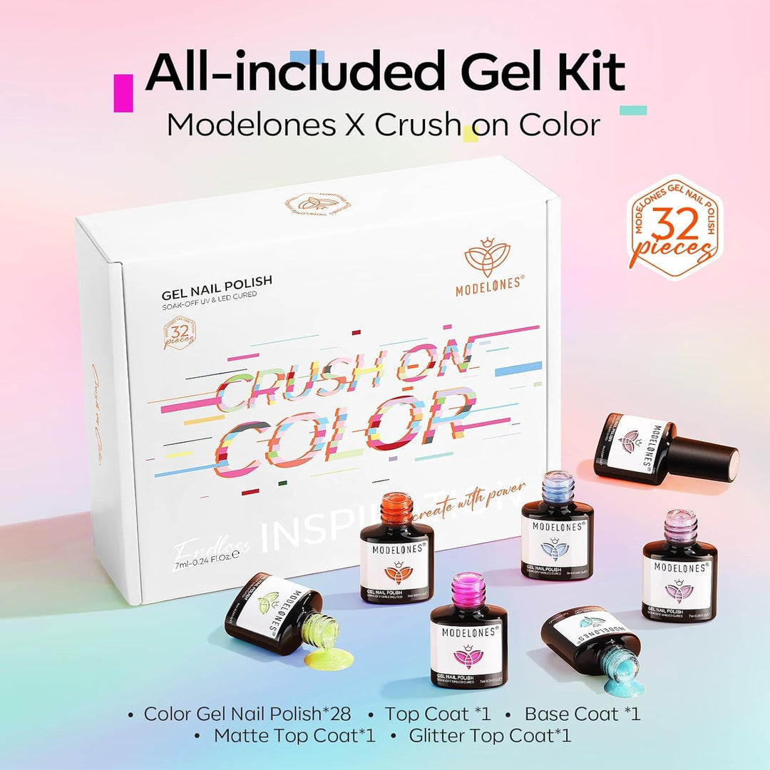 Modelones UV Nagellack Set 32 Pcs, 28 Farben Rosa Rot Weiss Grün, UV Nagellack für Sommer mit Base C