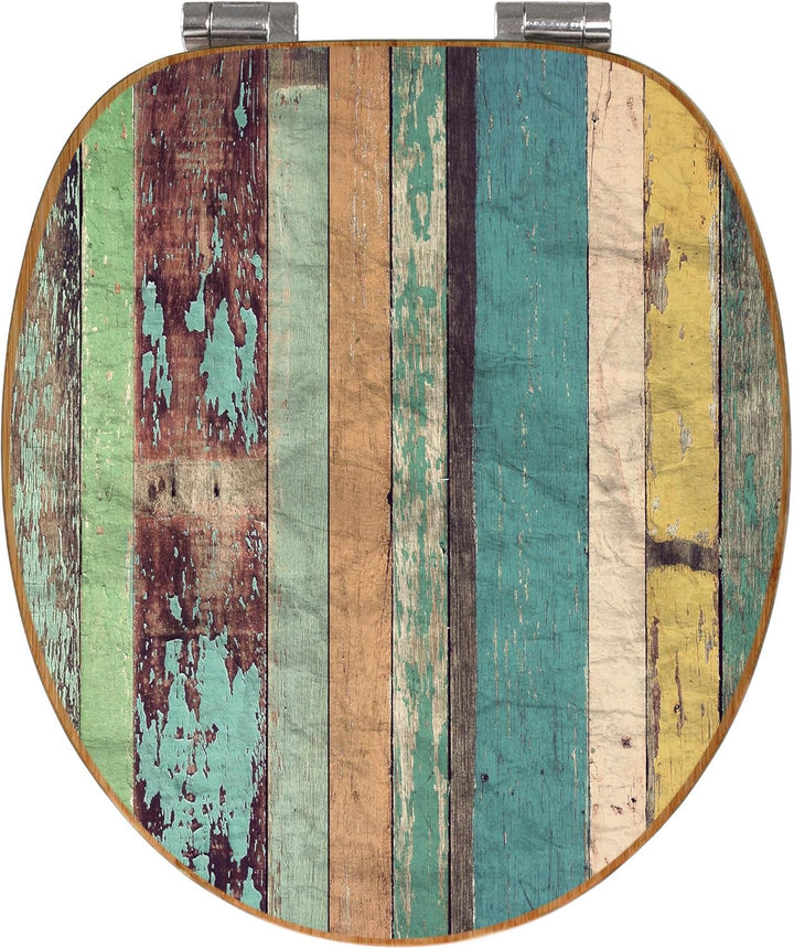 banjado® Design WC Sitz Bambus Absenkautomatik mit Motiv Bunte Bretterwand/Toilettendeckel mit Absen