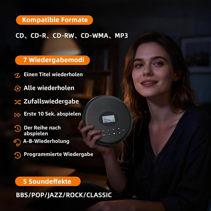 Arafuna Tragbarer CD-Player, CD Player Bluetooth Mit wiederaufladbarem Akku/Lautsprechern/Kopfhörern