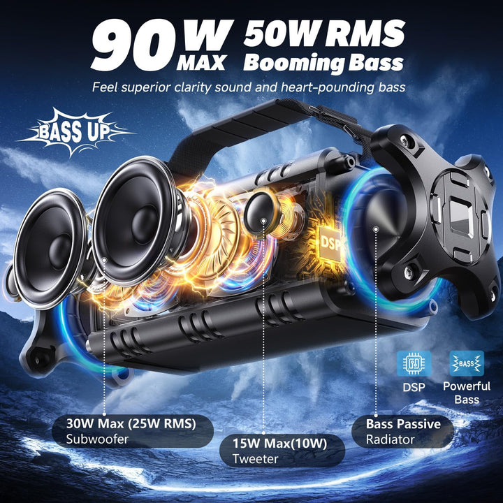 W-KING Bluetooth Lautsprecher, 90W Peak Outdoor Lautsprecher,50W RMS Subwoofer, IPX6 Wasserdicht, Tr