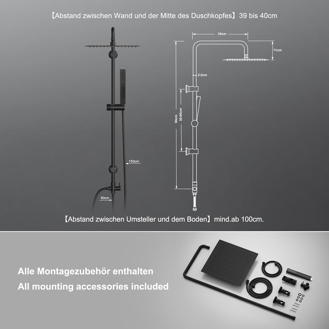 Görbach Regendusche Duschsystem ohne Armatur, Edelstahl Duschset mit 92cm Duschstange, Eckig XXL Übe