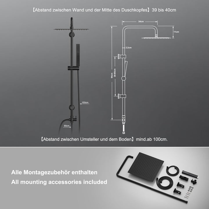 Görbach Regendusche Duschsystem ohne Armatur, Edelstahl Duschset mit 92cm Duschstange, Eckig XXL Übe