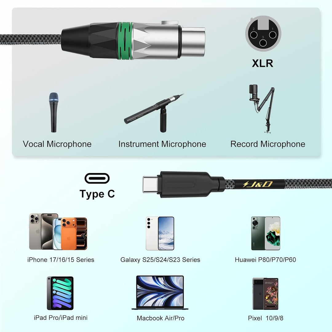 J&amp;D USB-C zu XLR Mikrofon Audio Kabel für Audioaufnahme, Dynamisches Mikrofon, Geflochtenes USB-C zu