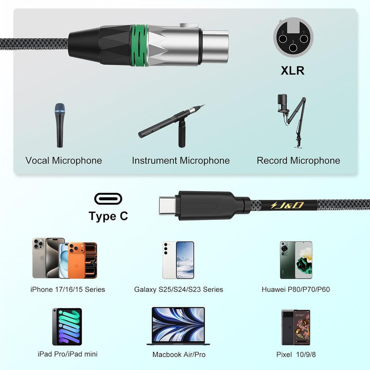 J&amp;D USB-C zu XLR Mikrofon Audio Kabel für Audioaufnahme, Dynamisches Mikrofon, Geflochtenes USB-C zu