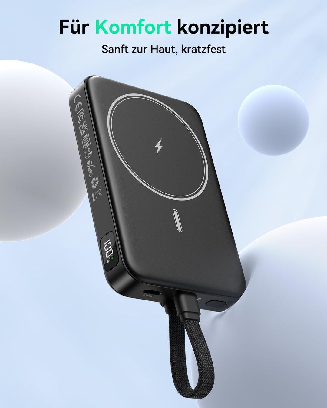 GREPRO Magnetische Power Bank, 10000mAh Powerbank für Magsafe mit 22,5 W Schnellladung USB-C-Kabel,