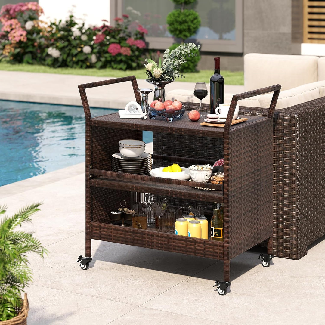 COSTWAY Servierwagen Rattan, Küchenwagen mit 3 Ablagen & Rollen & Seitengriffen, Grillwagen Grilltis