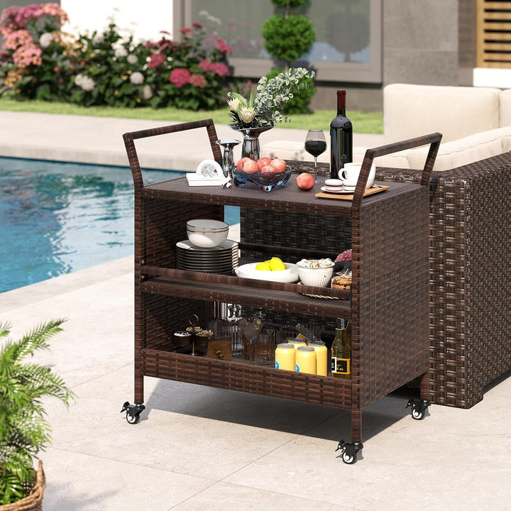 COSTWAY Servierwagen Rattan, Küchenwagen mit 3 Ablagen & Rollen & Seitengriffen, Grillwagen Grilltis