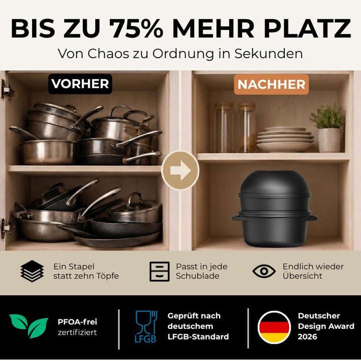 Pro Topf und Pfannenset 12-teilig Induktion, Abnehmbarer Griff, Stapelbar, Platzsparend, Backofenfes