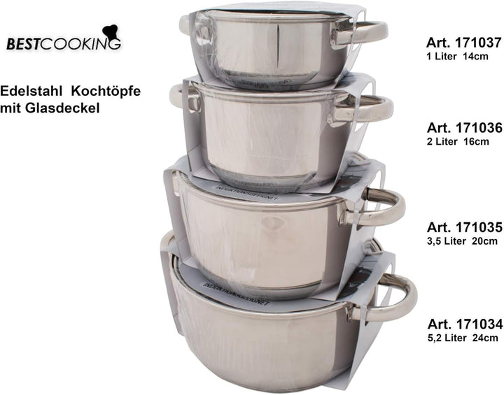 Kochtopf Edelstahl mit Glasdeckel 1 L 14 cm Topf Kochen