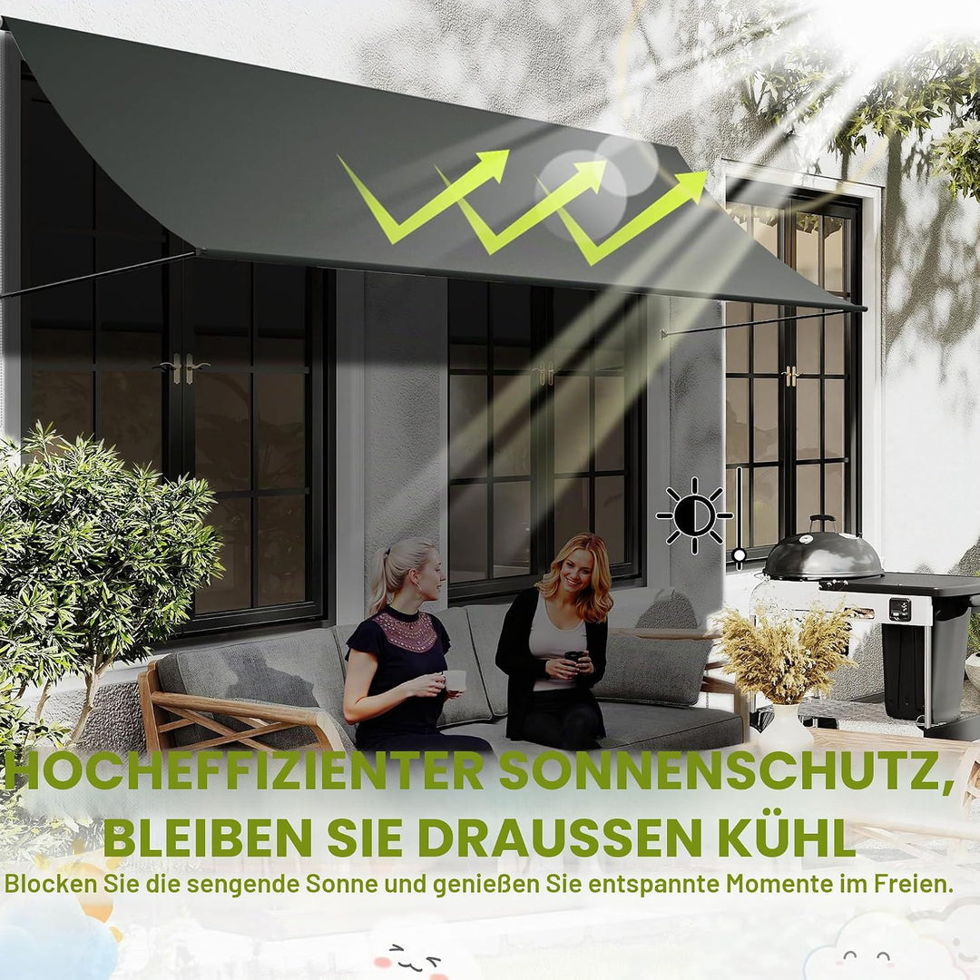UISEBRT Fallarmmarkise Fenstermarkise einziehbar 300x145 cm, Balkonmarkise mit Kordel und Aluminium