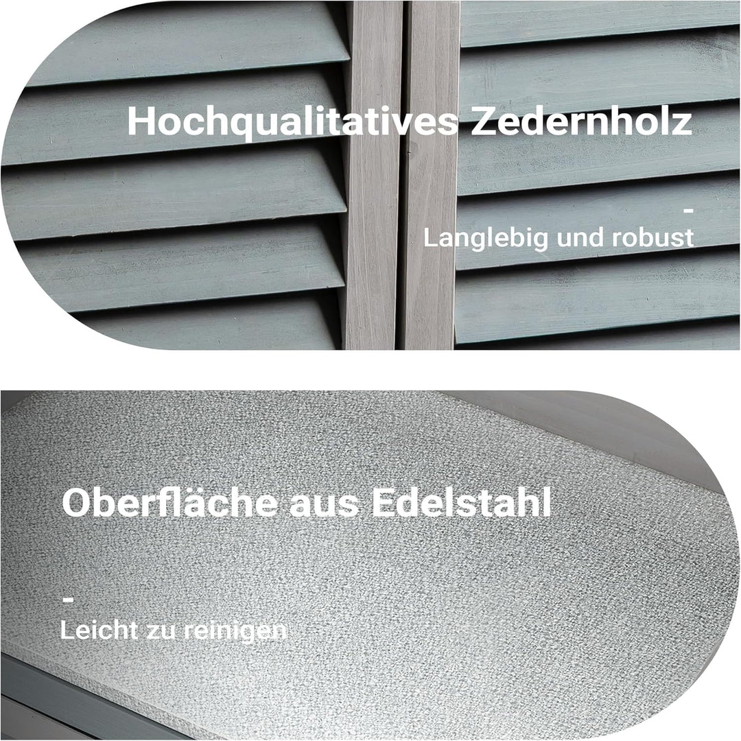 Gartentisch mit Unterschrank und Arbeitsplatte, Pflanztisch mit Schutzleisten, grau