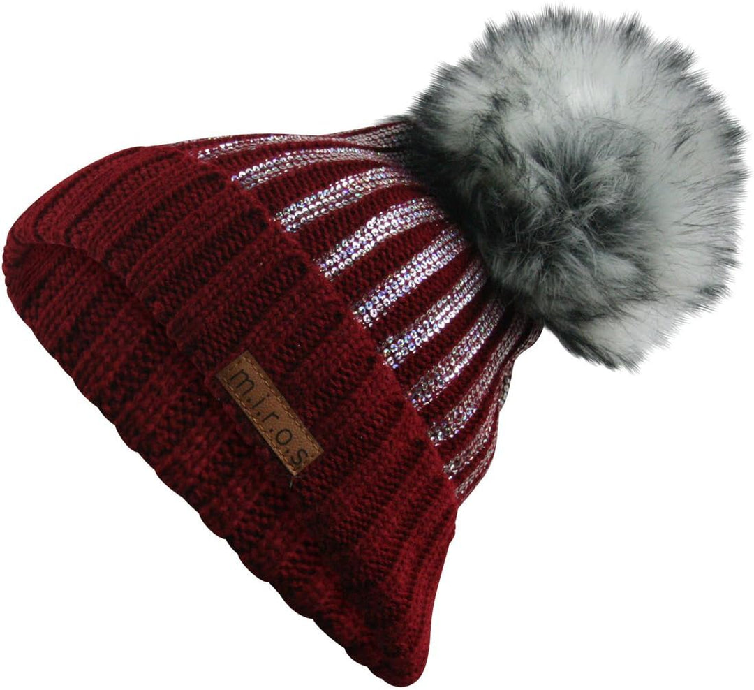 m.i.r.o.s Odette Damen Wintermütze Rot mit Pailletten Print | handgemachte Bommel Mütze