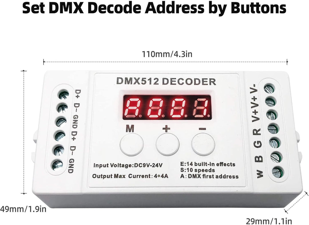 GIDEALED 4 Kanal DMX Decoder,RGBW DMX512 Decoder mit Digitalanzeige,Mini DMX512 Dimmertreiber PWM 16