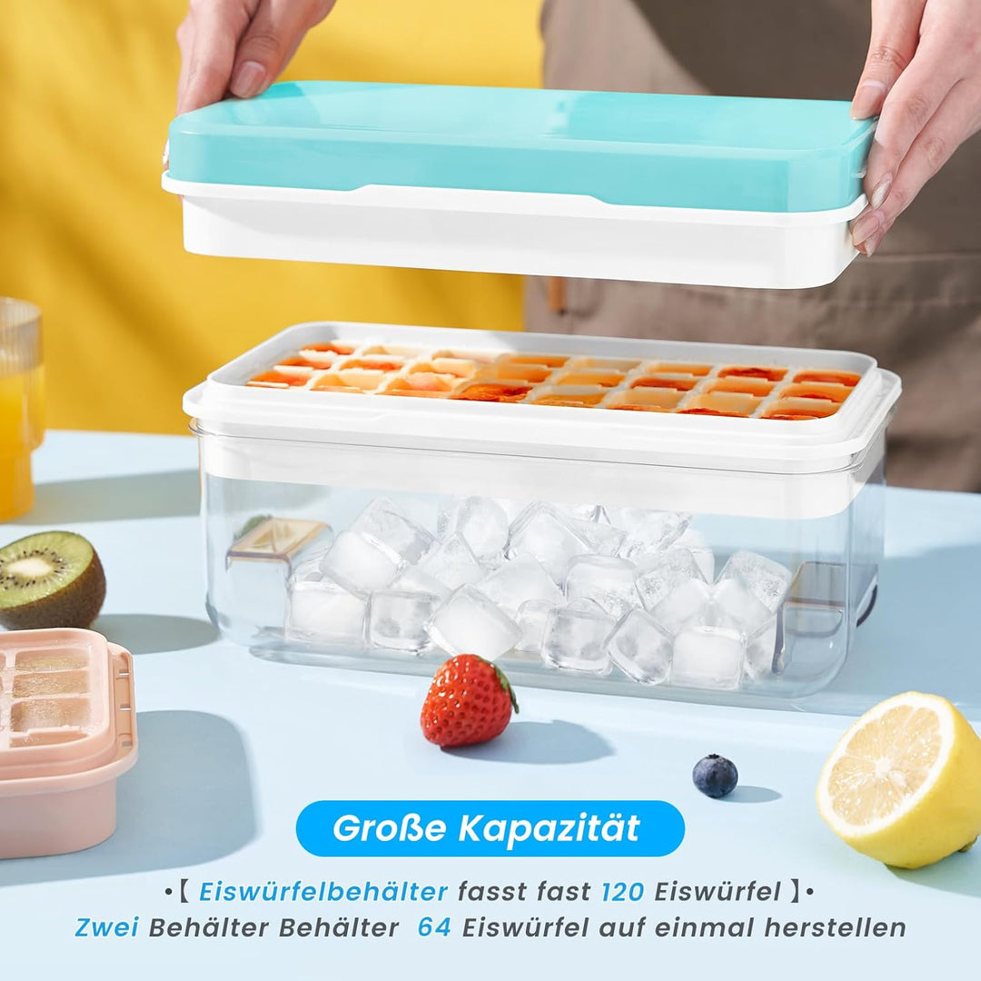 Eiswürfelform, Eiswürfelbehälter, 64 Eiswürfel, Eiswürfelform mit Deckel, mit 2 Tablett, einfaches D
