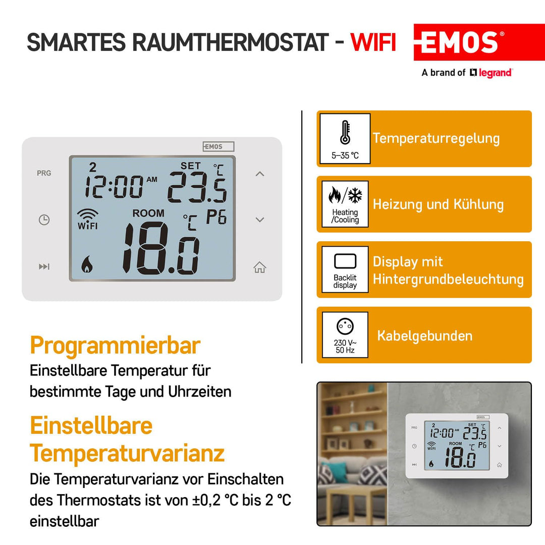 EMOS GoSmart WiFi Raumthermostat mit App, programmierbarer Smart Thermostat, Draht-Thermostat kompat