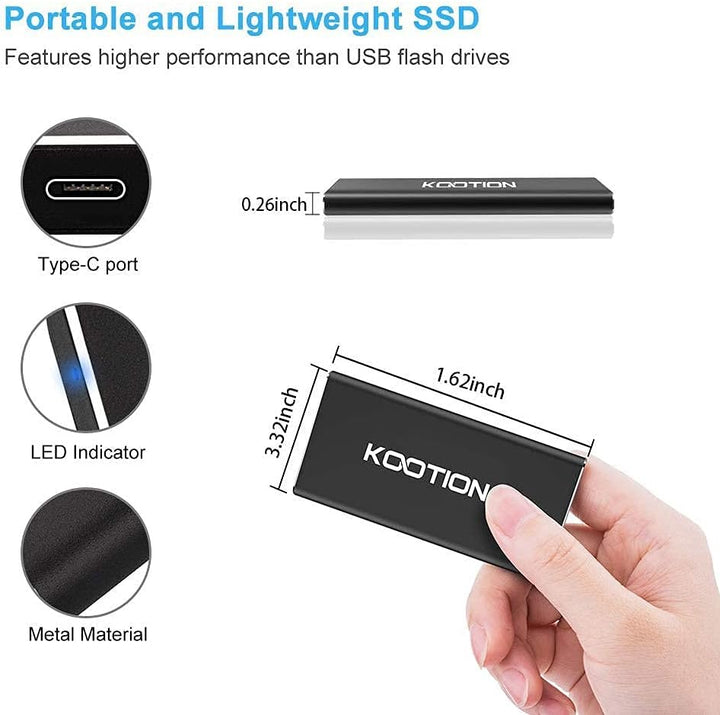 KOOTION Externe Portable SSD 250GB USB 3.1 Typ-C Schnell Solid State Drive Disk High Speed bis zu 55