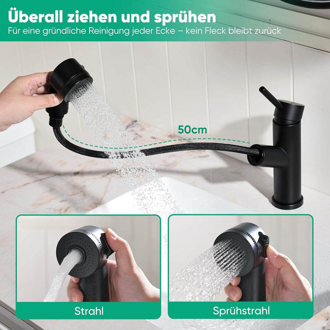 Waschbeckenarmatur mit ausziehbarer Brause Edelstahl-Wasserhahn bad mit Warm- und Kaltwassermischer