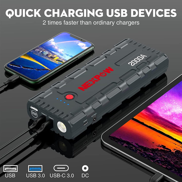 NEXPOW Starthilfe Powerbank, 2000A Spitzenstrom Auto Starthilfe, 12V Tragbarer Batterie Booster mit