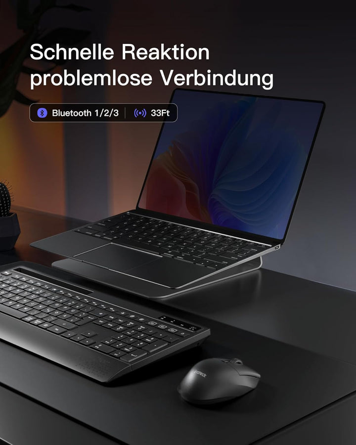 Inateck Tastatur Maus Set Kabellos,Funktastatur QWERTZ in voller Grösse,3 Bluetooth,mit Handballenau