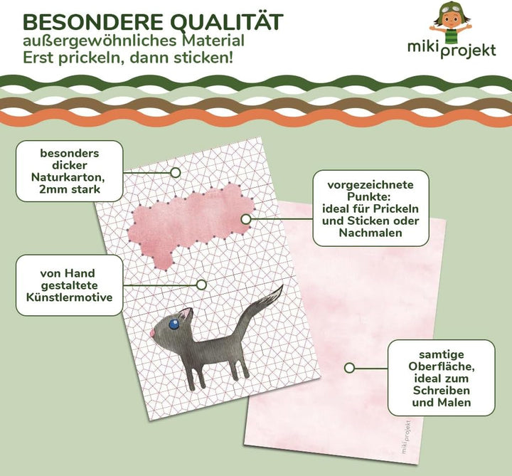 mikiprojekt® Prickelbilder Premiumqualität, Naturkarton - ab 4 Jahren mit Garn - Ausnähkarten – made