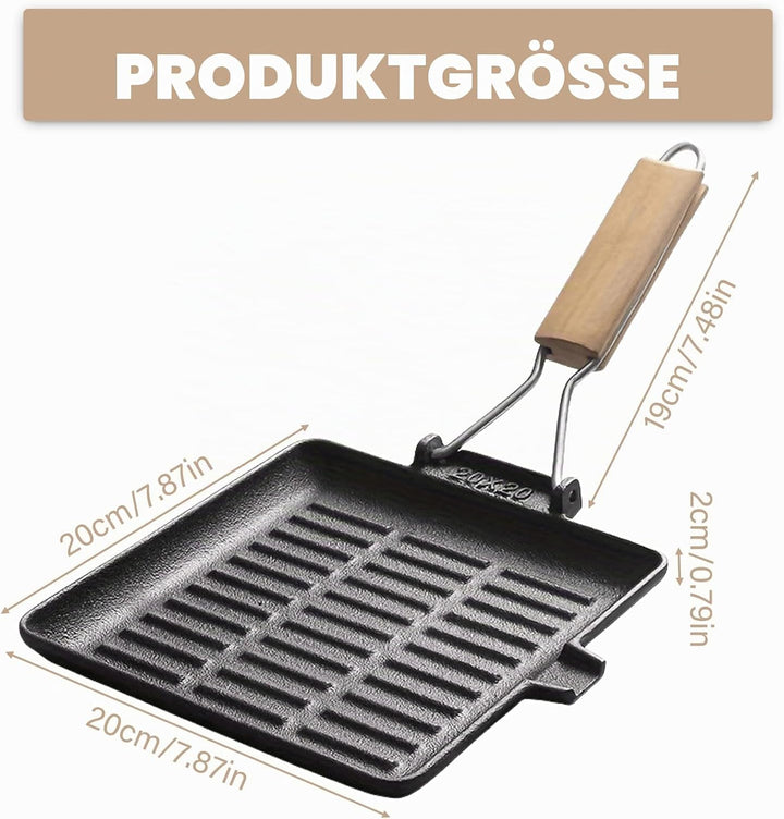Grillpfanne Induktion: Steakpfanne Gusseisen mit Abnehmbarer Griff, 20 x 20 cm Antihaft Beschichtet