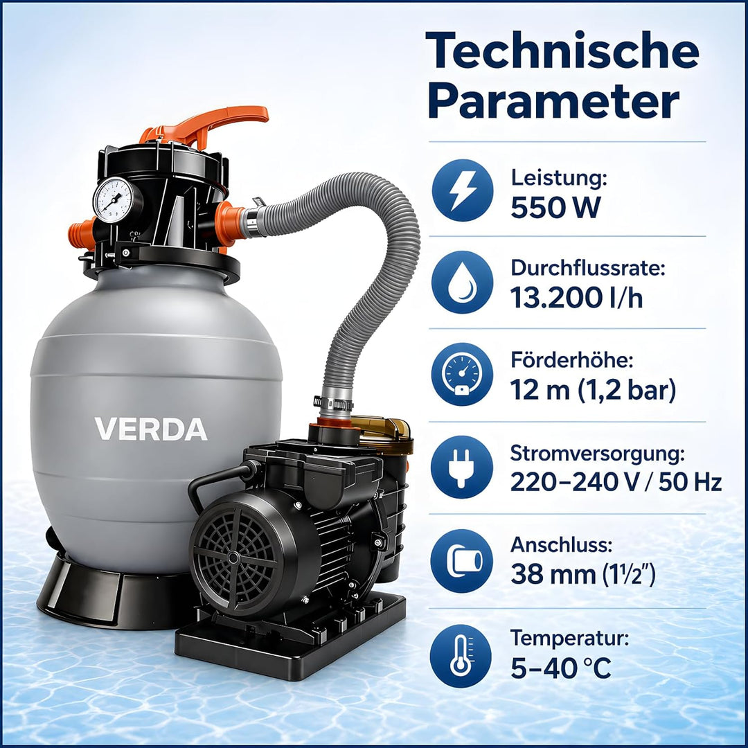 Verda Sandfilteranlage Pumpe 13200 l/h 550W Pool Filterpumpe 1000g inkl. Filterbällen 12m Förderhöhe