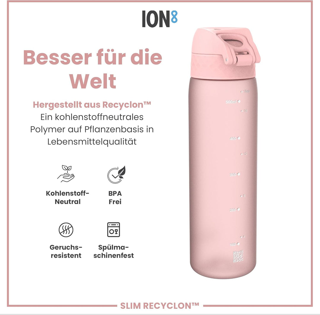 ion8 Trinkflasche, 500 ml, Auslaufsicher, Einhandöffnung, Sichere Verriegelung, Spülmaschinenfest, B