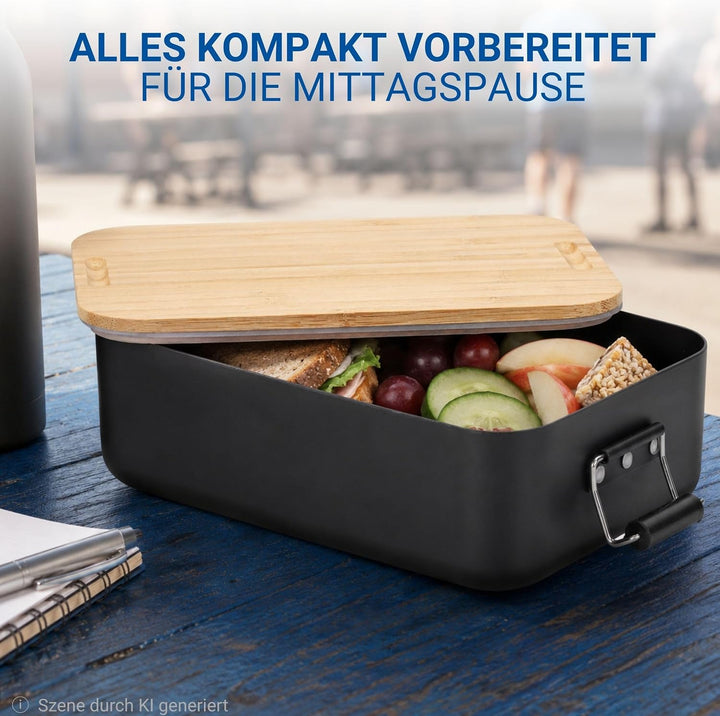 Brotdose Bamboo 900 ml - Bambusdeckel und Aluminiumbehälter in Schwarz | luftdicht, Schule, Büro, Pi