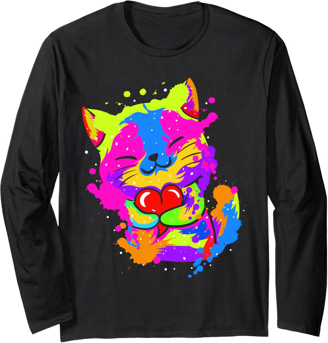 Colorful Cat Hugging Heart 1st Mothers Day Gifts Moms Girls Langarmshirt