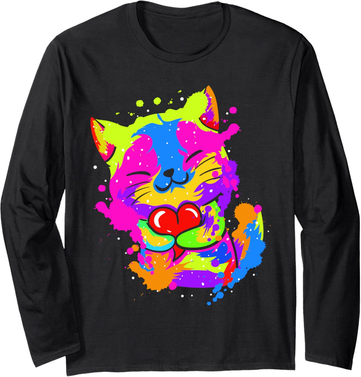 Colorful Cat Hugging Heart 1st Mothers Day Gifts Moms Girls Langarmshirt