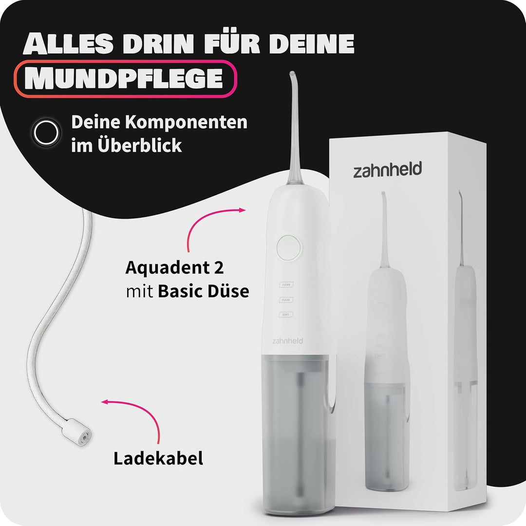 Zahnheld® Munddusche AQUADENT | Kabellos | Für unterwegs und zu Hause | Water Flosser | Fördert eine