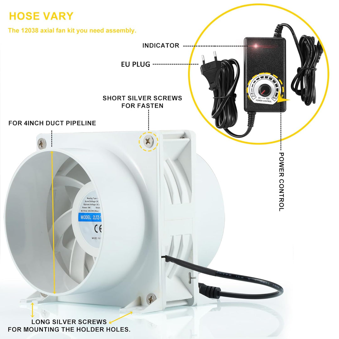 DC12V Rohrventilator, Lüfter 12V Abluftventilator ⌀100mm Axiallüfter mit 0~100% Regler, Kanaladapter