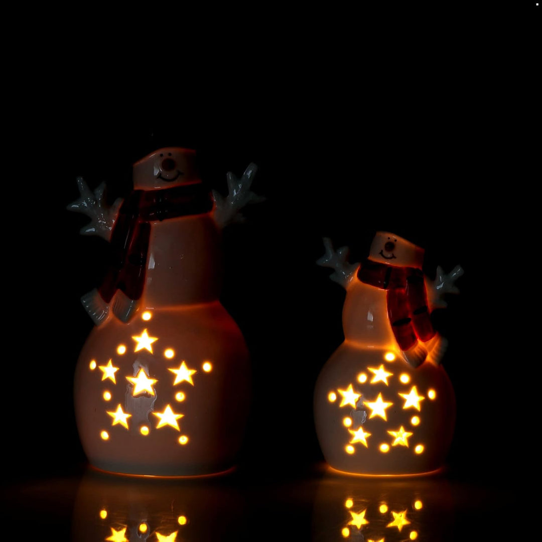 COM-FOUR® 2X LED Schneemann als dekorative Beleuchtung - Lichterstatue - Weihnachtsfigur aus Keramik