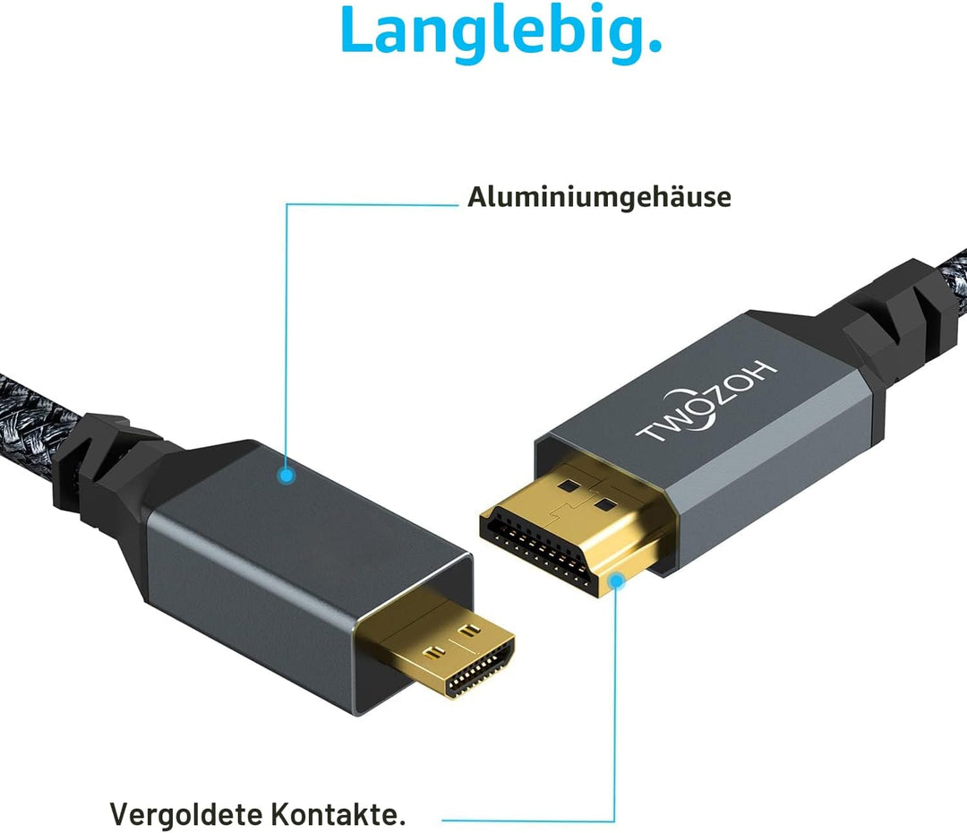 Twozoh Micro HDMI Kabel auf HDMI 2M 2 Stück, Nylon Geflochten HDMI Kabel A auf Micro HDMI D Unterstü