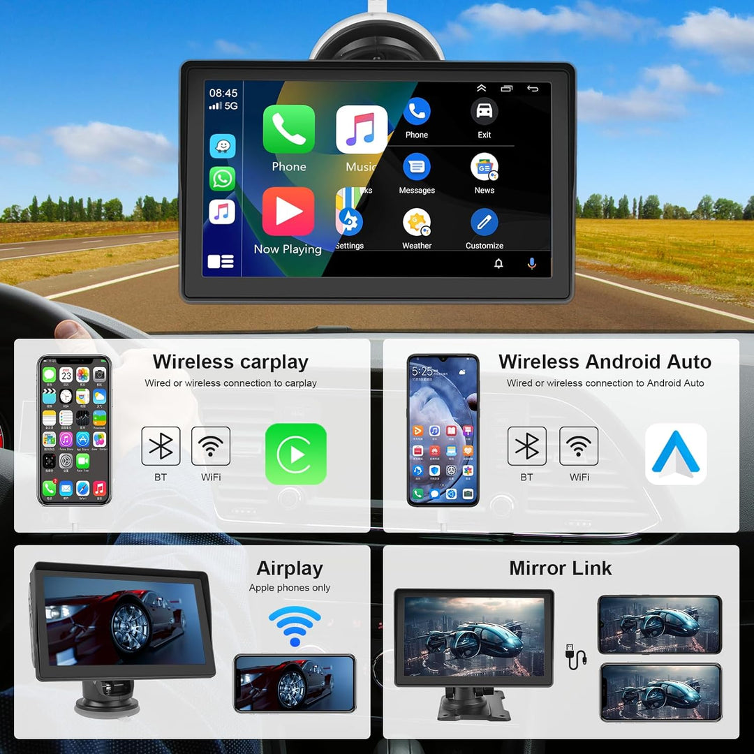 Display Kabelloses Apple Carplay & Wireless Android Auto, Bildschirm 7 Zoll HD Touchscreen Tragbarer