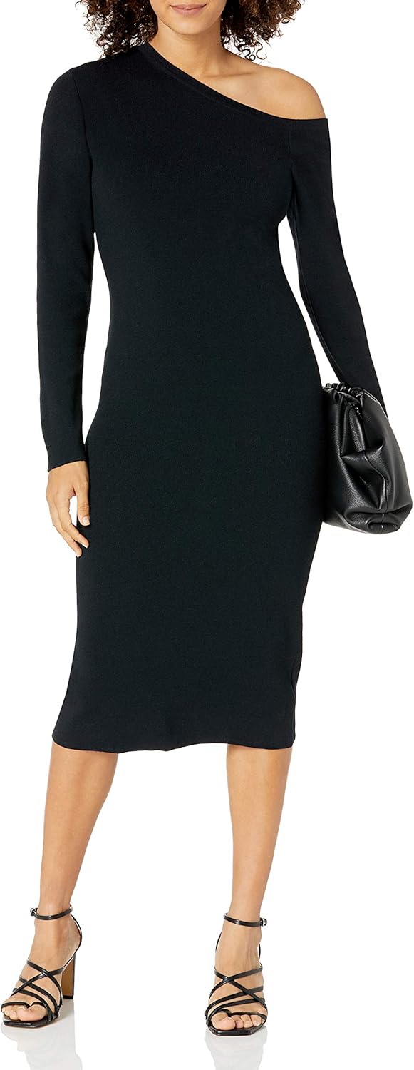 The Drop Damen Giselle Midi-Sweatkleid, Asymmetrischer Ausschnitt Dress M Schwarz, M Schwarz