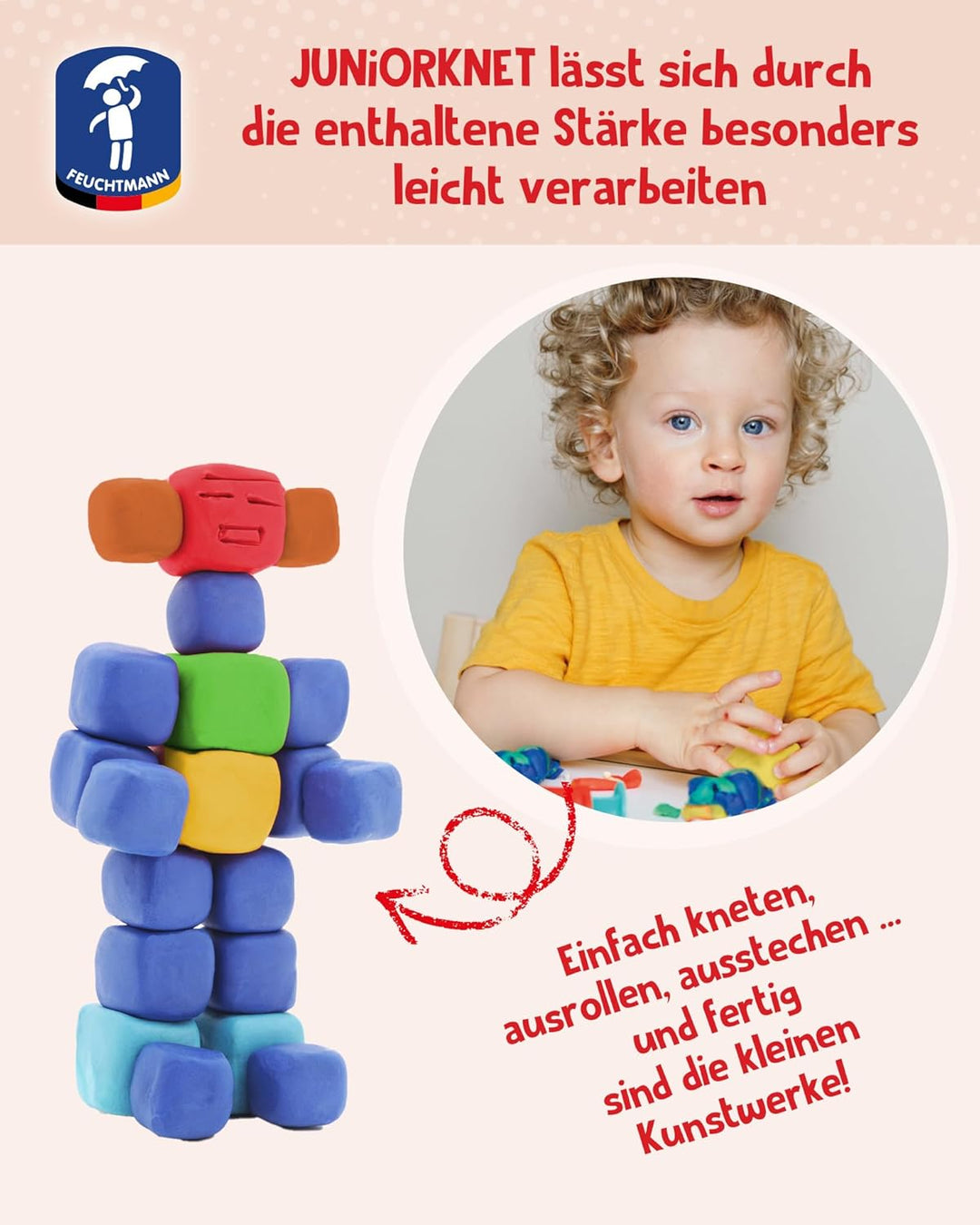 Feuchtmann JUNiORKNET Midi | Knetset 8 x 35g weiche Kinderknete in Stangen mit Formen und Knetwerkze
