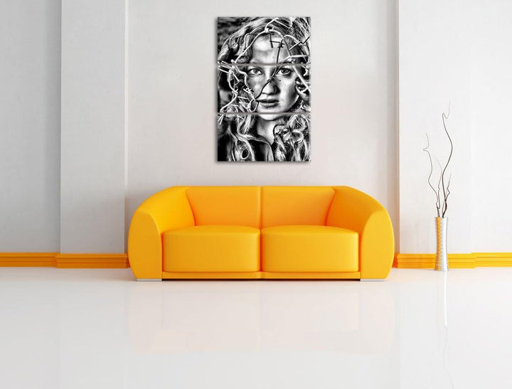 Pixxprint Monocrome, Sexy Girl Stacheldraht 3-Teiler Leinwandbild 120x80 Bild auf Leinwand