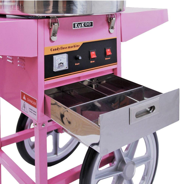 KUKOO Retro Zuckerwattemaschine Zuckerwattegerät Zuckerwatte mit passendem Wagen und Schubfach inkl.