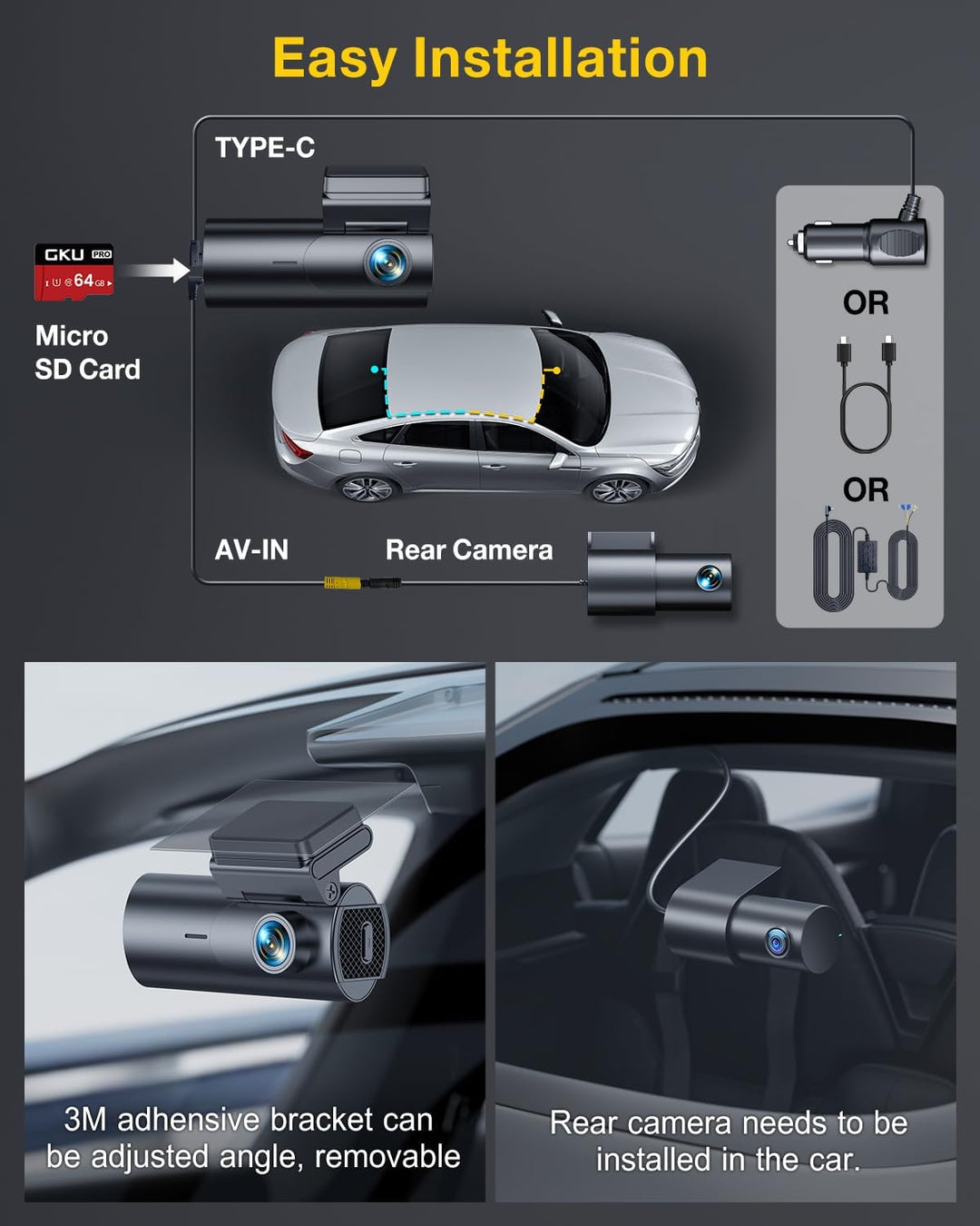GKU 4K Dashcam Auto Vorne Hinten, 5GHz WiFi GPS, Dual Dash Cam, 1.5” IPS Mini Auto Kamera mit 64GB S