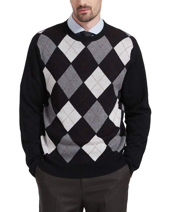 Kallspin Herren Wollmischung Strickpullover Argyle Rundhalsausschnitt Pullover Sweater XXL Schwarz,