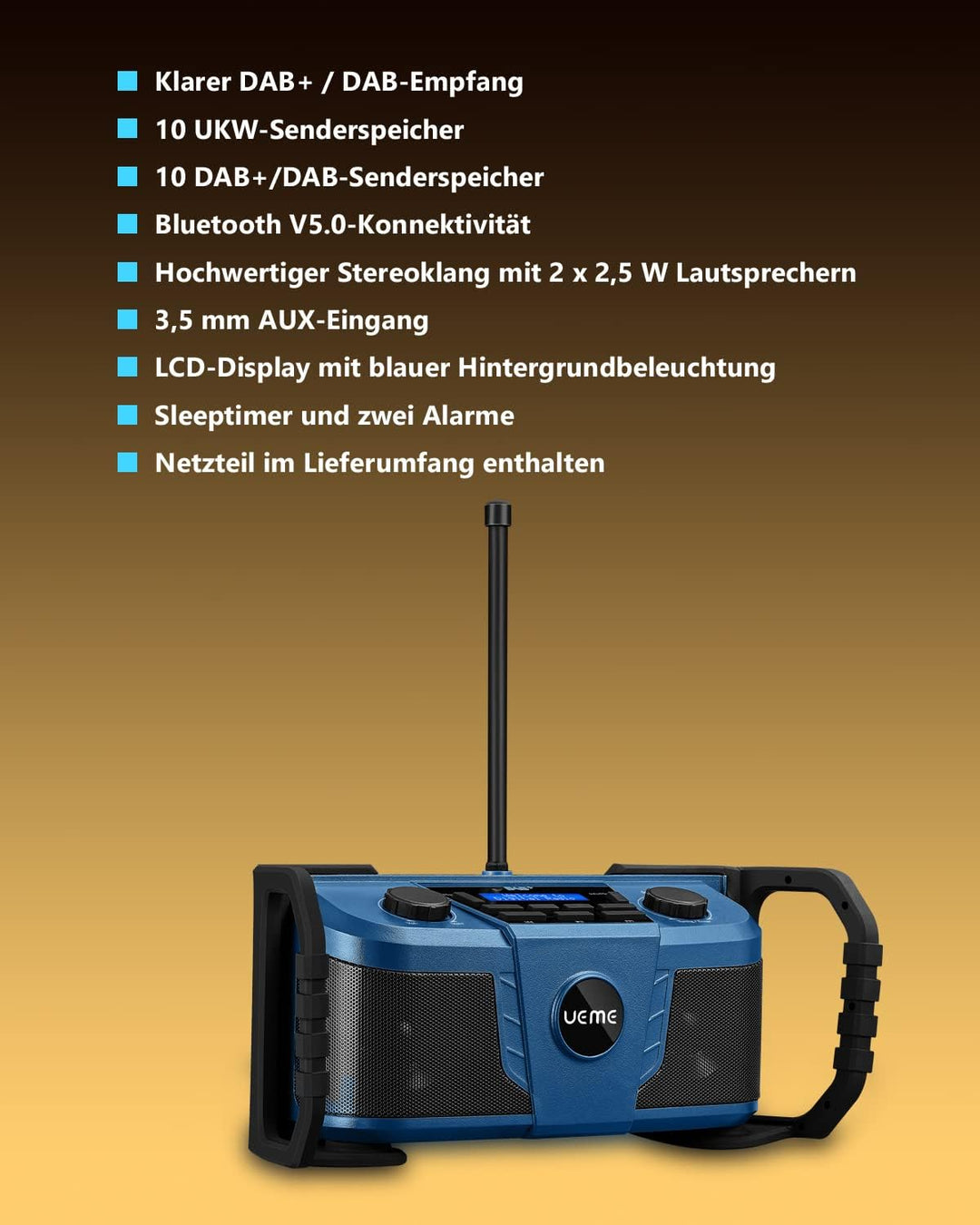 Baustellenradio DAB+ DAB FM Radio, Digitalradio mit Bluetooth und Wecker und Dimmer, Robustes DAB Pl