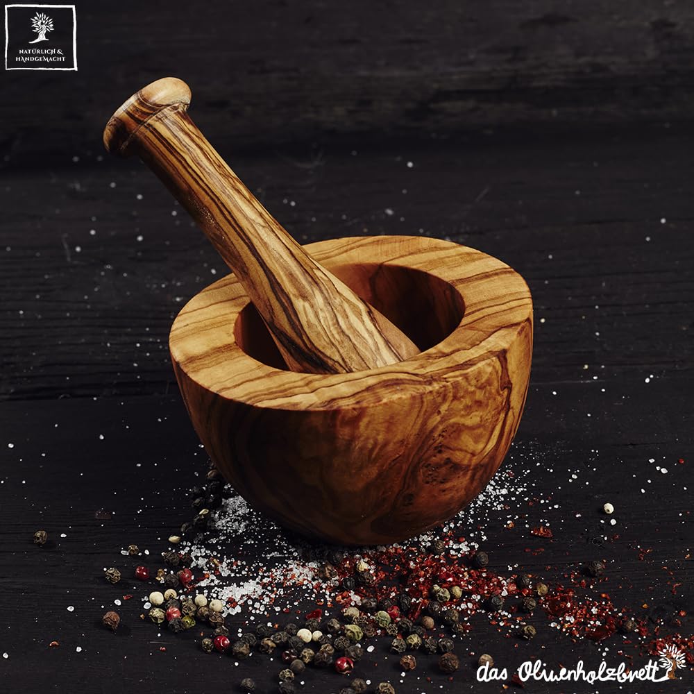 das Olivenholzbrett® Olivenholz Mörser und Stössel glatt/Olivenholzmörser SET/robuster Holzmörser/Ge