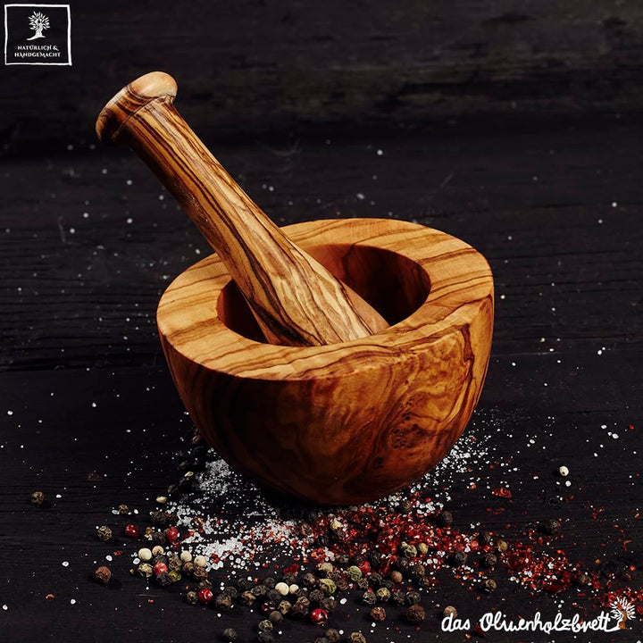 das Olivenholzbrett® Olivenholz Mörser und Stössel glatt/Olivenholzmörser SET/robuster Holzmörser/Ge