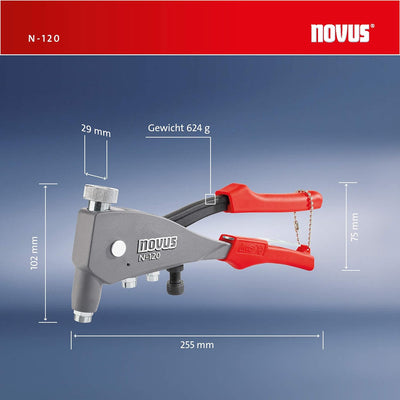 Novus Blindnietmutterzange N-120 Universal, 1-Hand-Bedienung, Nietmutternzange aus Aluminium, integr