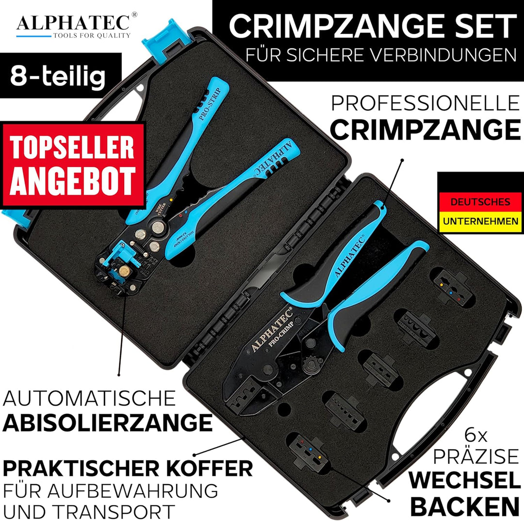 ALPHATEC® Crimpzange Set mit Wechselbacken inkl. automatische Abisolierzange - [0,25-10mm²] - Crimpz
