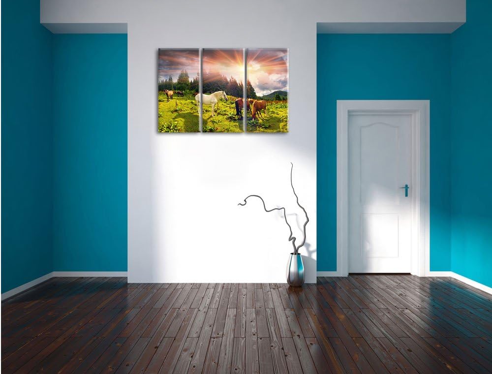 Pixxprint Carpathian Mustangs Pferde auf den Bergen 3-Teiler Leinwandbild 120x80 Bild auf Leinwand