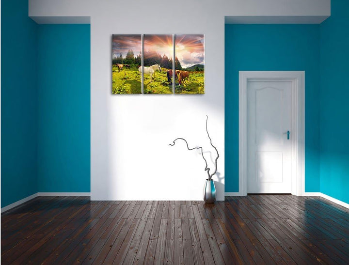 Pixxprint Carpathian Mustangs Pferde auf den Bergen 3-Teiler Leinwandbild 120x80 Bild auf Leinwand